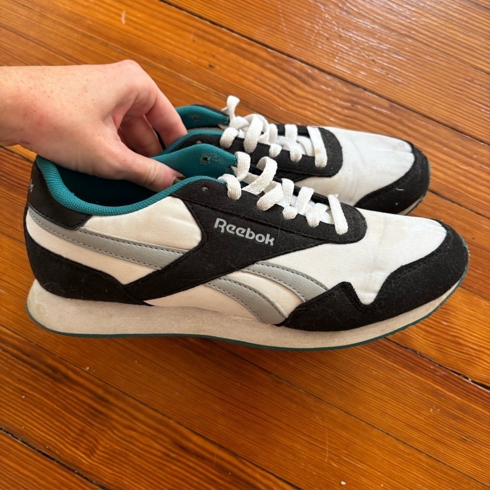 Reebok Women’s White and Black Sneakers with Teal Accents